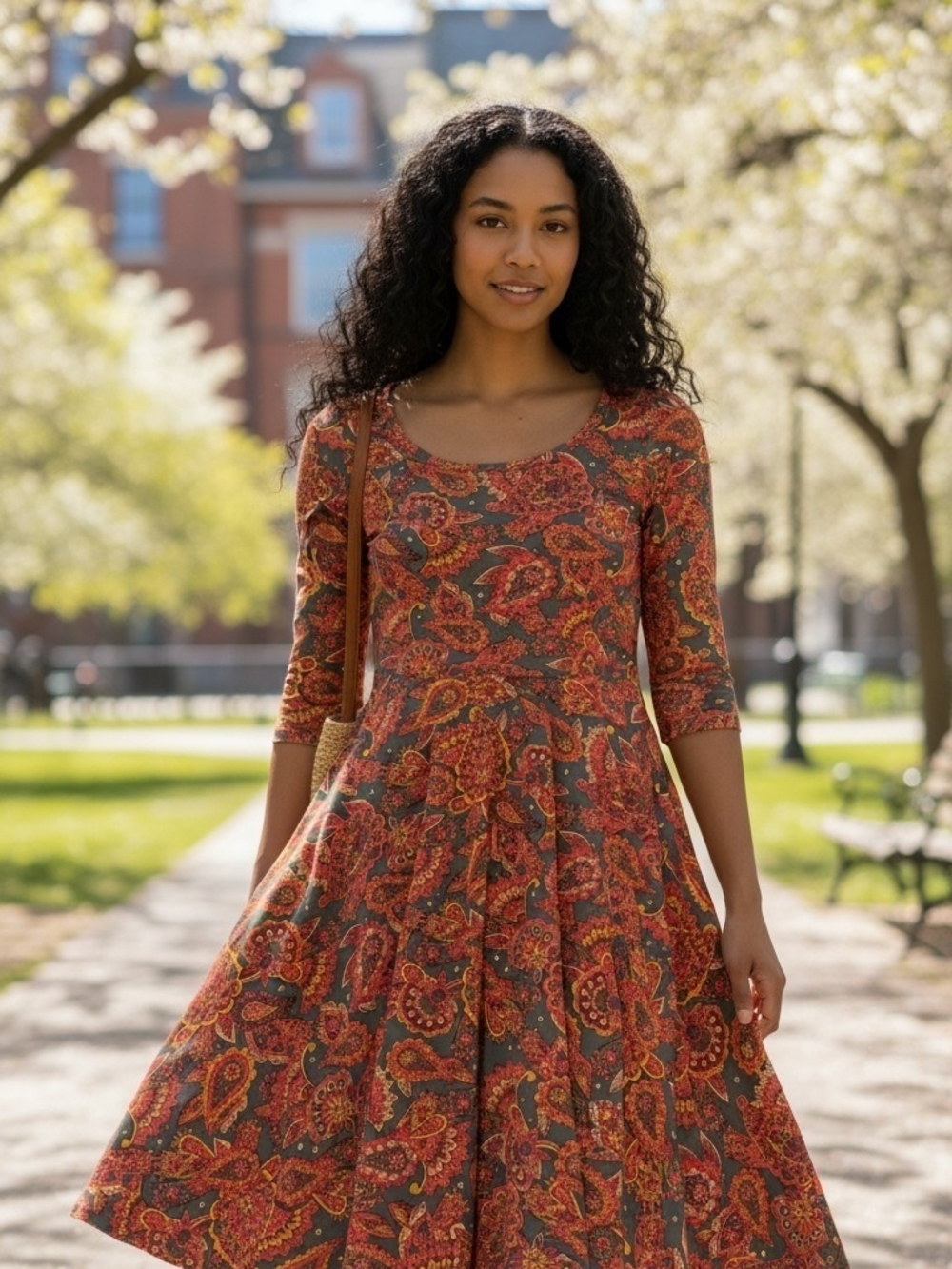 Women’s Scoop Neck Paisley Fit & Flare Dress in Rust